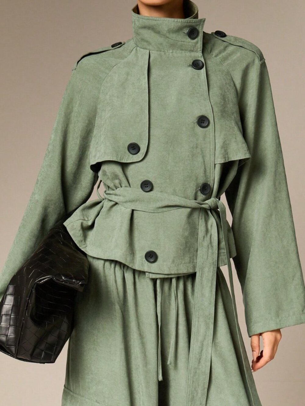Green Elegant Women's Funnel Neck Belted Raglan Oversized Trench Coat - Picture 6 of 6